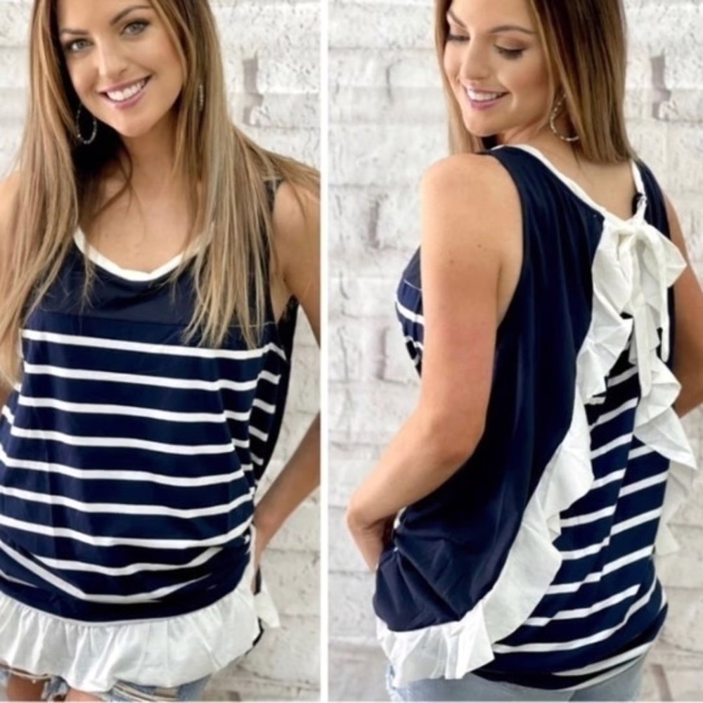 Umgee Tank Top Women Medium Navy‎ Striped G1689 Ruffle Tie Back Sleeveless Shirt